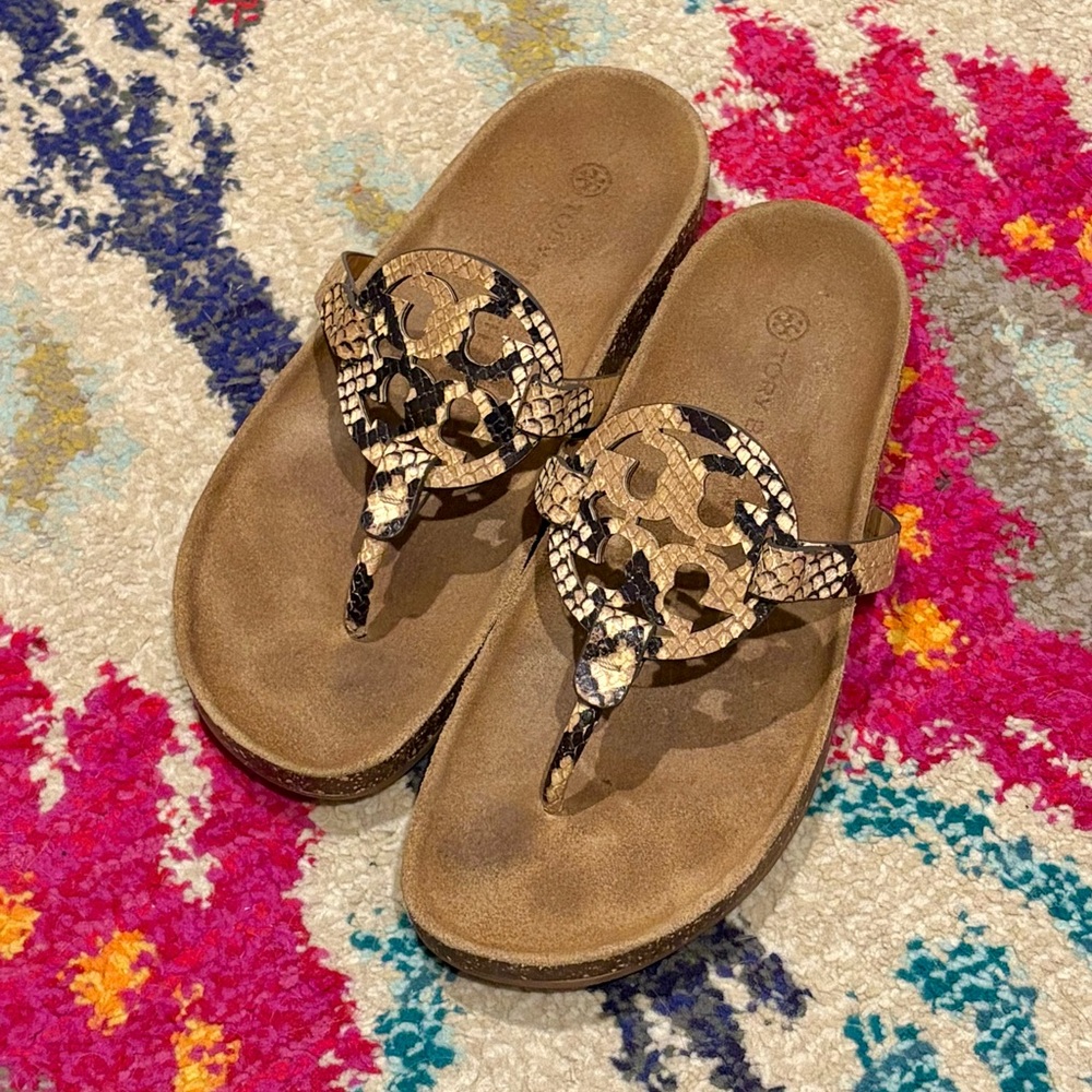 Tory Burch Beige and Black Snakeskin Sandals